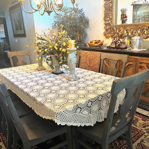 Crocheted Vintage Tablecloth-Handmade-Ivory/Cream-Approx. 68" x 108"-Rounded - Picture 3 of 10
